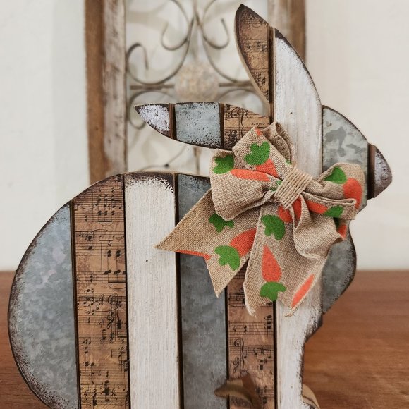 Wood and Metal Sitting Bunny With Burlap Bow, table Top Decor, Home Decor - Picture 1 of 3